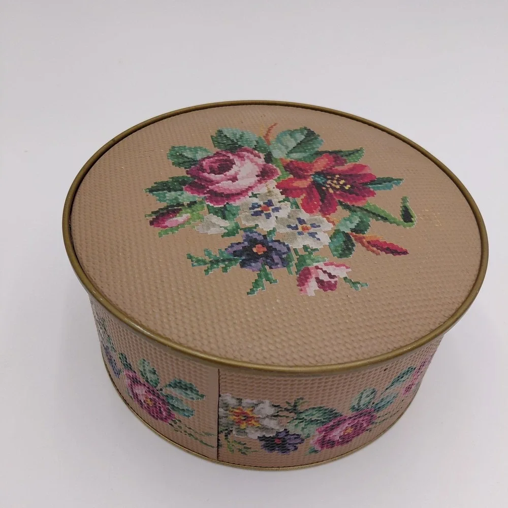 Vtg 80s Guildcraft Round Tin Cover Embossed Needlepoint Look Floral Cottage‎ USA